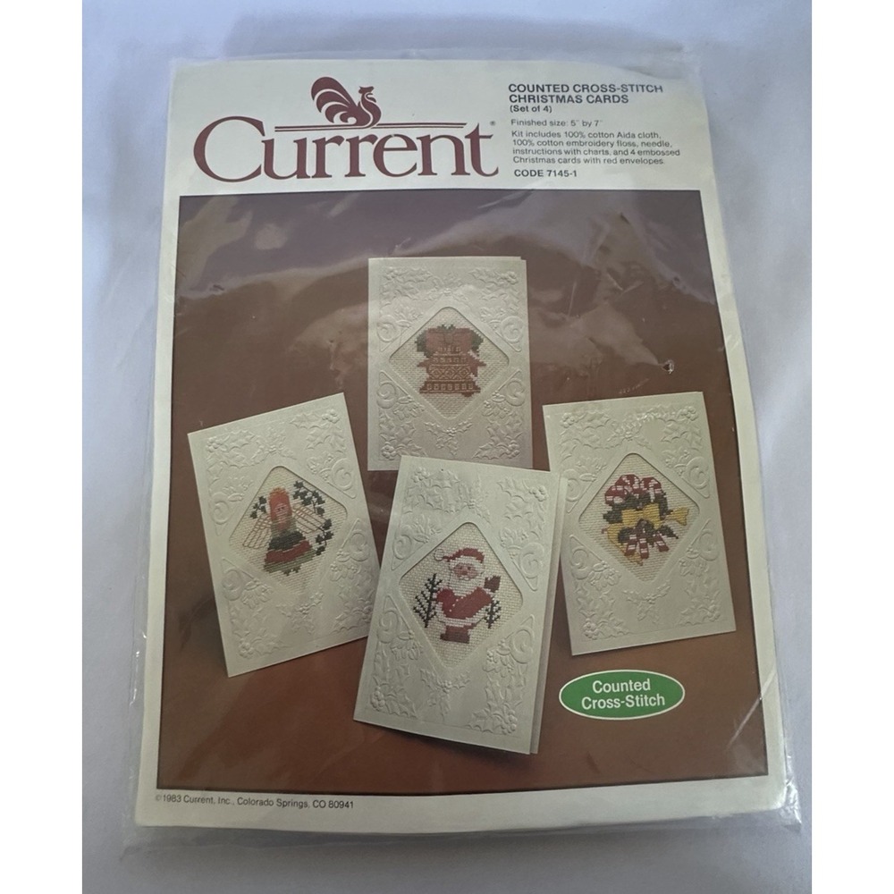New Vintage Current Counted Cross Stitch Christmas Cards Set of 4 Finished 5x7